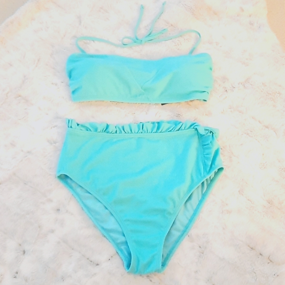 NWT, Turquoise 2 piece high waist ruffle  swimsuit. Top L, bottom M.